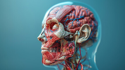 Highly detailed anatomical representation of a human head with muscles and blood vessels.
