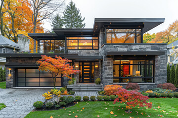 A modern, two-story house in the suburbs of Vancouver with stone and glass accents. The front yard features lush green grass and colorful autumn foliage trees. Created with AI - obrazy, fototapety, plakaty