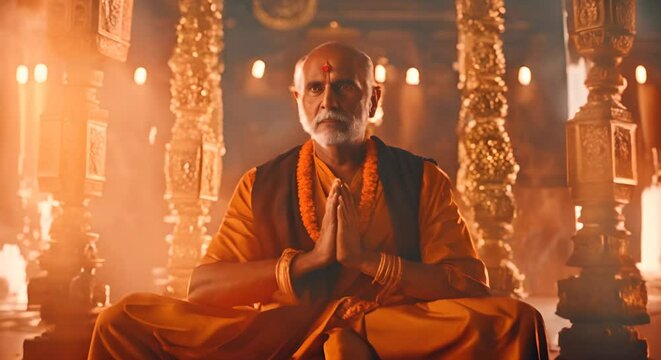 Hindu man praying in Hindu temple.