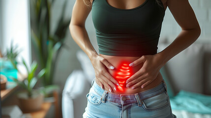Woman touching her belly, menstrual pain, woman with stomach pain at home, endometriosis, cystitis and other diseases of the urinary system. Gastric and stomach problems. - obrazy, fototapety, plakaty