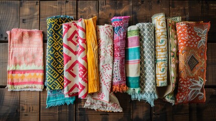 Colorful cloth napkins and table runners, arranged in a patchwork of patterns against a natural wood table, highlighting ecofriendly choices and vibrant table settings low texture - obrazy, fototapety, plakaty