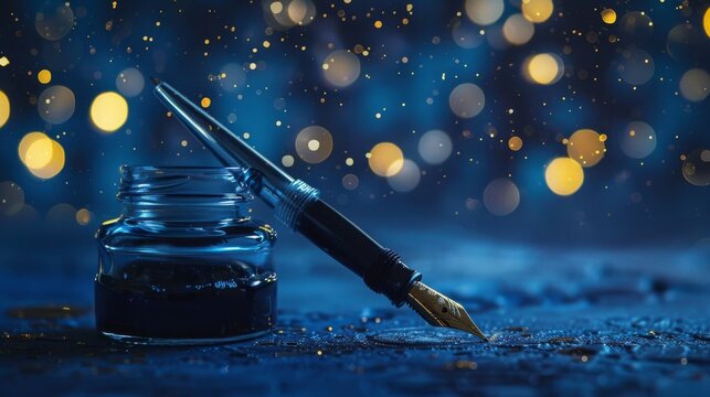 An elegant glass dip pen resting beside an inkwell filled with shimmering ink, against a backdrop of starry night sky, evoking the magic of writing low noise
