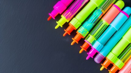 An array of vibrant highlighters, their neon colors standing out against a dark grey background, emphasizing their utility in bringing brightness and organization to notes low texture