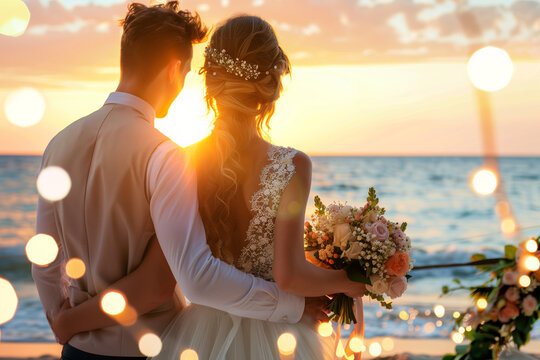 Happy moment of beautiful bride and groom during an outdoors wedding ceremony at the beach