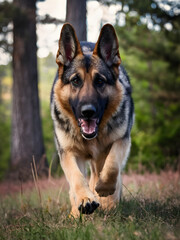 German shepherd running through a forest.
