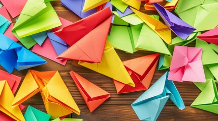An array of sticky note origami creations, their colors bright against a wooden desktop, showcasing playful creativity and the joy of paper folding no splash