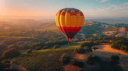 a hot air balloon drifting gracefully over a patchwork of vineyards and rolling hills, the vibrant...