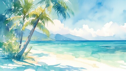 watercolor, beach with palm trees and ocean, light colors, white background
