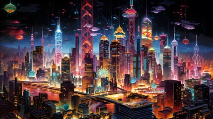 Futuristic city panorama at night with skyscrapers and high-rise buildings