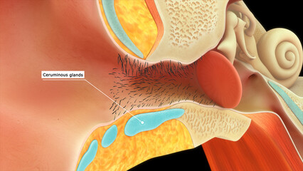 Ceruminous glands in human ear 3d illustration