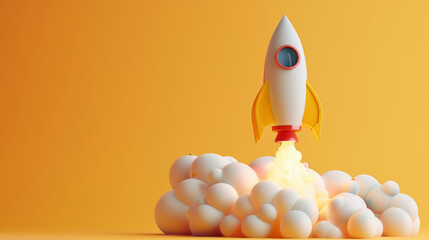 A creative 3D illustration of a rocket launching, symbolizing startup growth and innovation. - obrazy, fototapety, plakaty