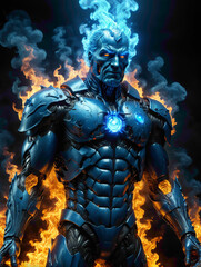 Fototapeta na wymiar warrior with sword. warrior with fiery body. warrior with blue fire. warrior with dark background.