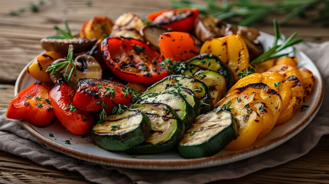 Grilled Vegetables on Rustic Wooden Table - Colorful Roasted Bell Peppers, Zucchini, Mushrooms Garnished with Fresh Herbs in Outdoor Setting