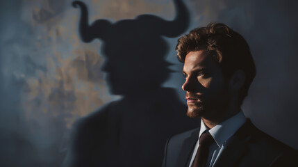 This compelling visual metaphor shows a man in a suit with a devil's shadow, suggesting a hidden malevolent nature or inner demons