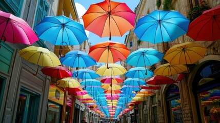 Fototapeta premium Pedestrian street with colorful multi-colored umbrellas as decoration and protection from the bright sun at noon