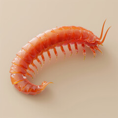 A high-resolution image showing the detailed anatomy of a vibrant red centipede on a pale background.