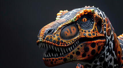 Fototapeta premium A close-up of a Tyrannosaurus rex model adorned with leopard and dalmatian patterns, showcasing a fusion of prehistoric imagery and wildlife