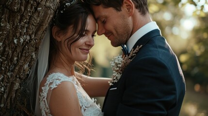 Beautiful newlyweds cuddle in a green garden with trees. Young bride and cute bride are standing in the park