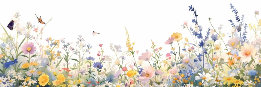watercolor wildflowers, white background, colorful, beautiful spring landscape