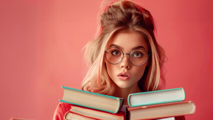 A girl with red hair and glasses is holding a stack of books. Concept of studiousness and determination. A librarian with glasses holding a stack of books, looking knowledgeable on a bright background