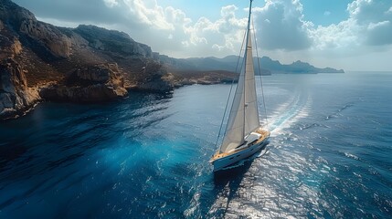 a luxury yacht slicing through the azure waters of the Mediterranean, its sails billowing in the gentle breeze, in stunning 8k full ultra HD. - obrazy, fototapety, plakaty