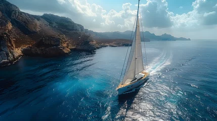  a luxury yacht slicing through the azure waters of the Mediterranean, its sails billowing in the gentle breeze, in stunning 8k full ultra HD. © RANA