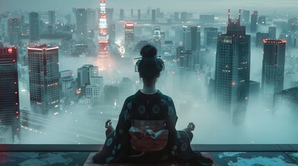 Contemplative Figure Woman Overlooking a Dystopian Cityscape at Night