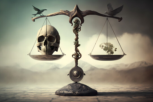Life death balance human skull seedling on scale