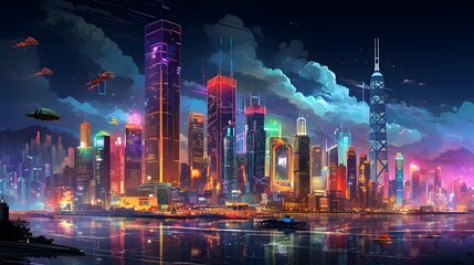 Night city panorama with skyscrapers and water reflections. Vector illustration