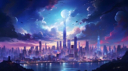 Panoramic view of Shanghai skyline at night, China. 3D rendering