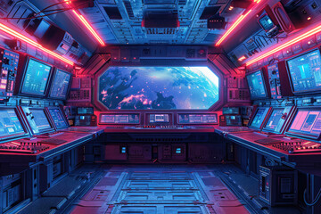 A spaceship interior with large windows showing space, many monitors and desk in the center of room. Created with Ai