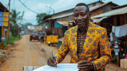 Confident African businessman signing documents on a table with a bustling street market in the background. - obrazy, fototapety, plakaty