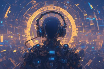 Digital art of an AI humanoid with headphones, surrounded by abstract tech elements and vibrant colors, symbolizing the integration of artificial intelligence in music production.