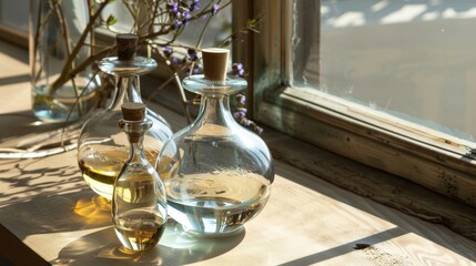 A set of handblown glass oil and vinegar dispensers, their subtle colors shining against a sunlit window, emphasizing natural beauty and simplicity no splash