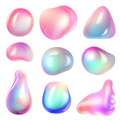 Liquid bubbles the precious drops set with refraction isolated on a transparent background. Liquid bubbles drops shape elements collection, created with Generative AI.