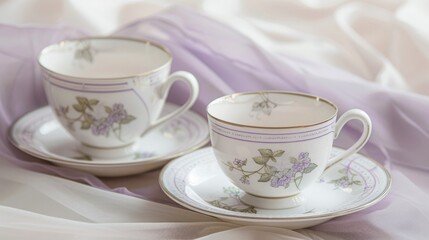 Obraz na płótnie Canvas A set of fine porcelain tea cups and saucers, their delicate patterns set against a soft lavender background, evoking elegance and tranquility low noise
