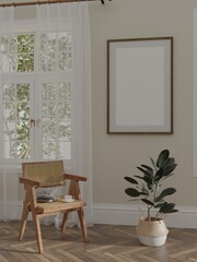 Mockup poster wood frame next to the window in empty picture living room interior vertical wooden floor There is chair with ornamental plants in illustration 3d rendering.