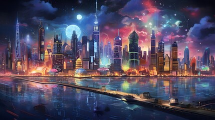 Night view of the city from the road. Panoramic illustration