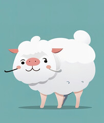 Cartoon funny white sheep isolated on blue background. Vector illustration.