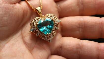 An elegant golden heart pendant with a turquoise gemstone cradled in a person's hand, symbolizing love and luxury