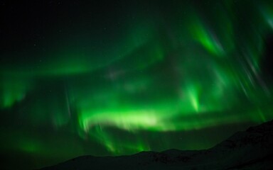 Beautiful shot of bright green aurora northern lights over mountains in Norway