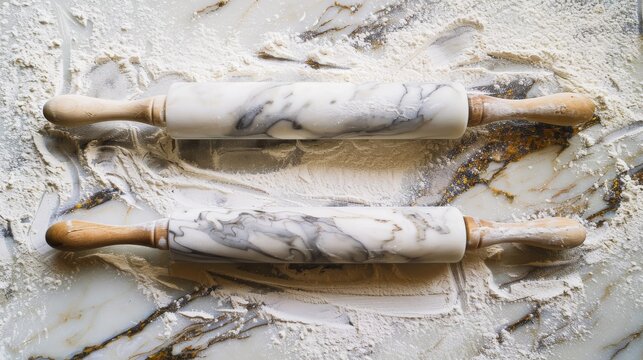 A pair of polished marble rolling pins, set against a dusted flour background, blending elegance with the tactile joy of baking low texture