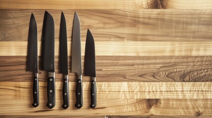 A minimalist Japanese knife set, its blades sharp and precise, set against a backdrop of smooth, polished wood, highlighting the zen of kitchen prep low texture - obrazy, fototapety, plakaty