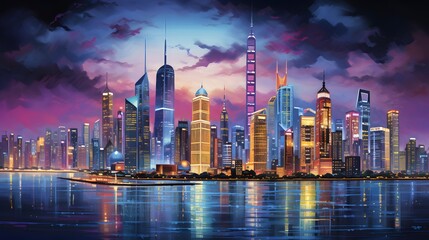 Panoramic view of shanghai skyline at night,China - Powered by Adobe