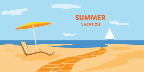 Summer banner. Holidays on the sea beach. Landscape with beach,  sky, clouds, yacht in the sea.  Vacation travel and summer holidays illustration. Vector - 775986313
