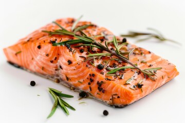 Fresh salmon slices with rosemary and black pepper isolated on white background.