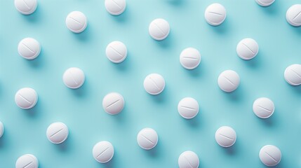 White tablets on a blue background. Horizontal photo with pills medicine concept.