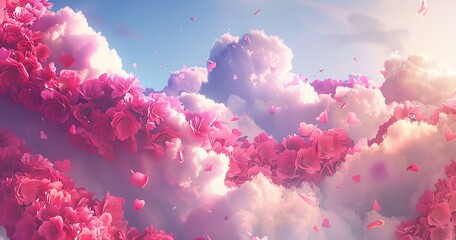 Many pink floating petals on thick white clouds, Valentine's Day themed event, digital illustration