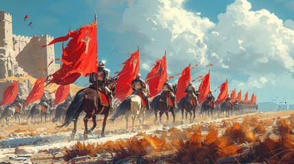 Medieval Battle: Illustrate a fierce battle scene with armored knights charging on horseback, wielding weapons, and clashing in combat to depict medieval warfare