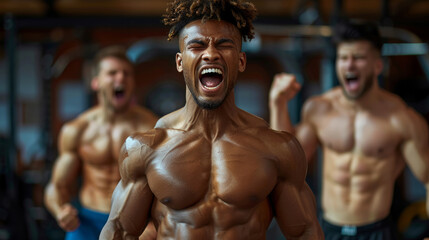 Three men in a gym, one of them is yelling. The man yelling. alpha male in gym, winning screaming face and body celebrating, with 2 friends cheering him on - Powered by Adobe